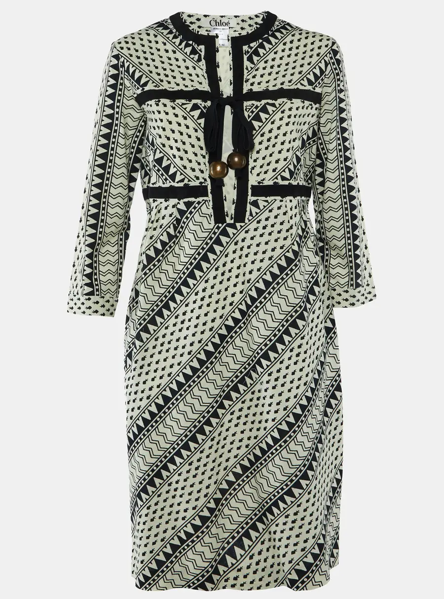 Chloe Black Printed Cotton Tie Detail Midi Dress L