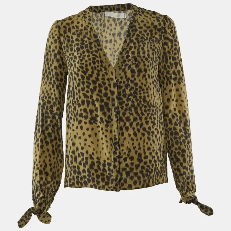 Chloe Taupe Green Printed Silk Button Front Blouse M