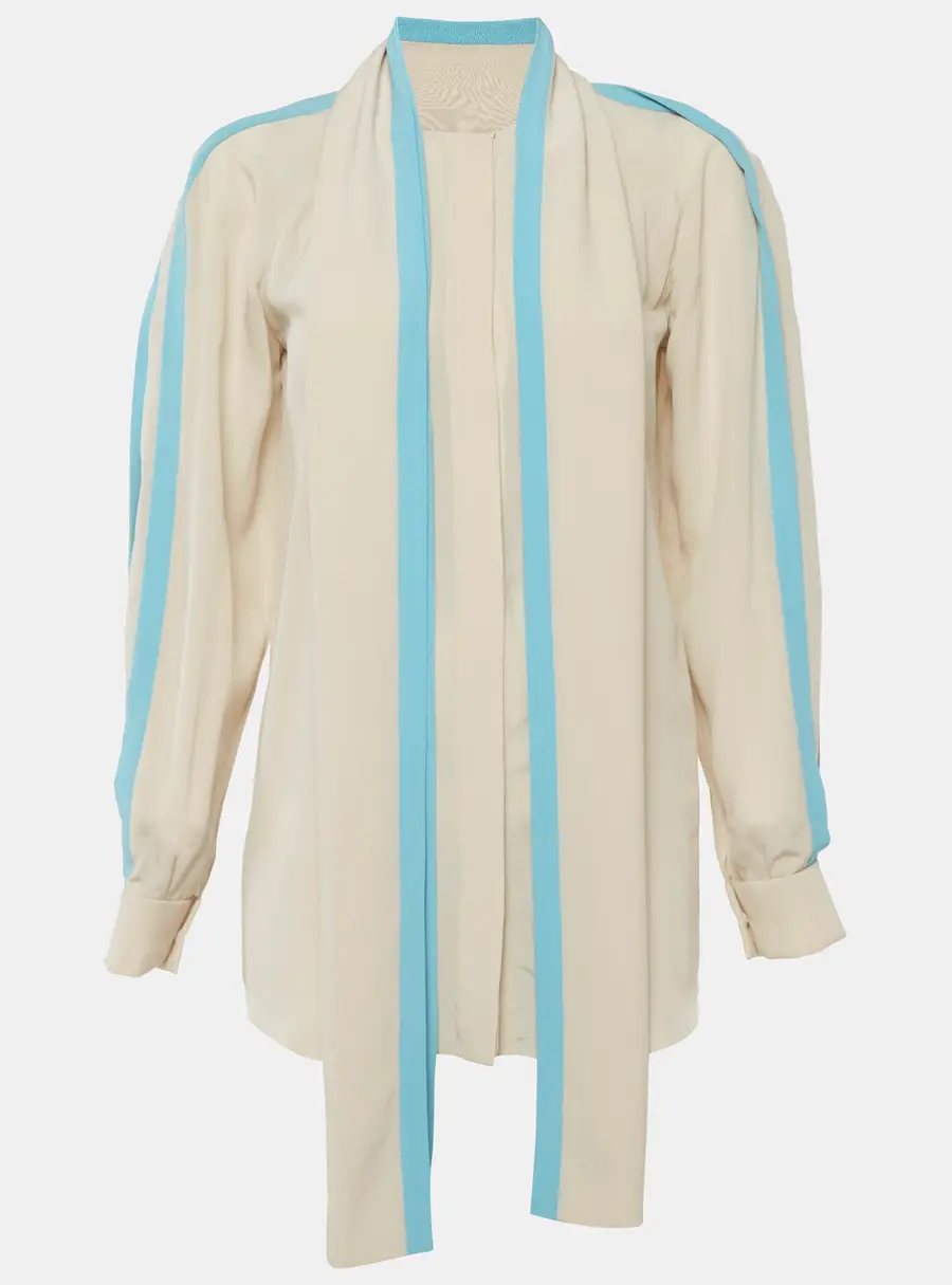 Chloé Light Beige/Blue Silk Tie Detail Blouse S