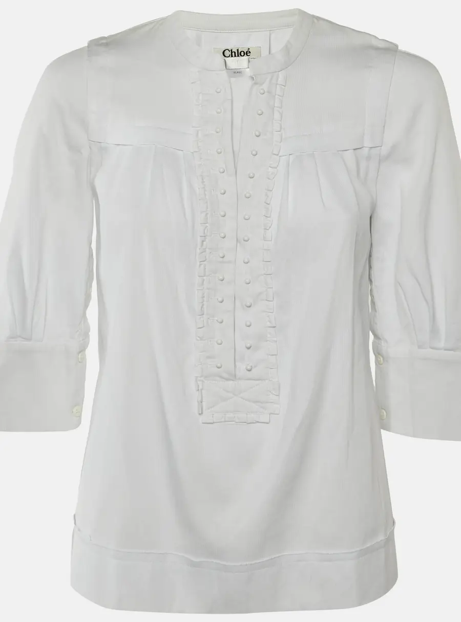 Chloe White Cotton Bead Button Detail Blouse S