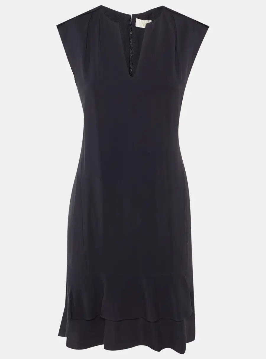 Chloe Navy Blue Crepe Flounced Sleeveless Dress S