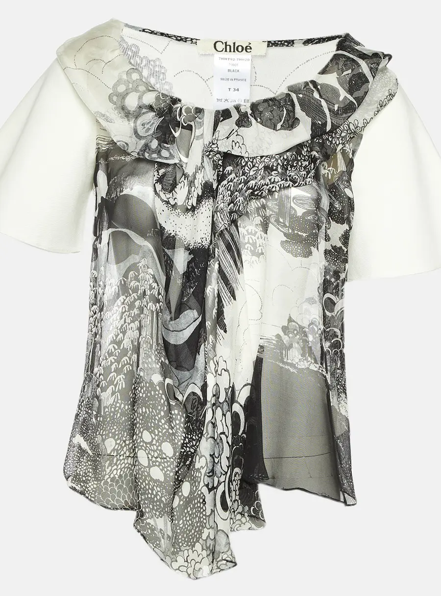 Chloe Monochrome Print Chiffon and Canvas Paneled Blouse S