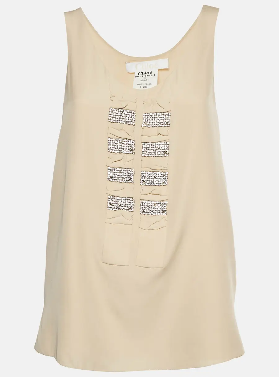 Chloe Beige Embellished Silk Sleeveless Top S