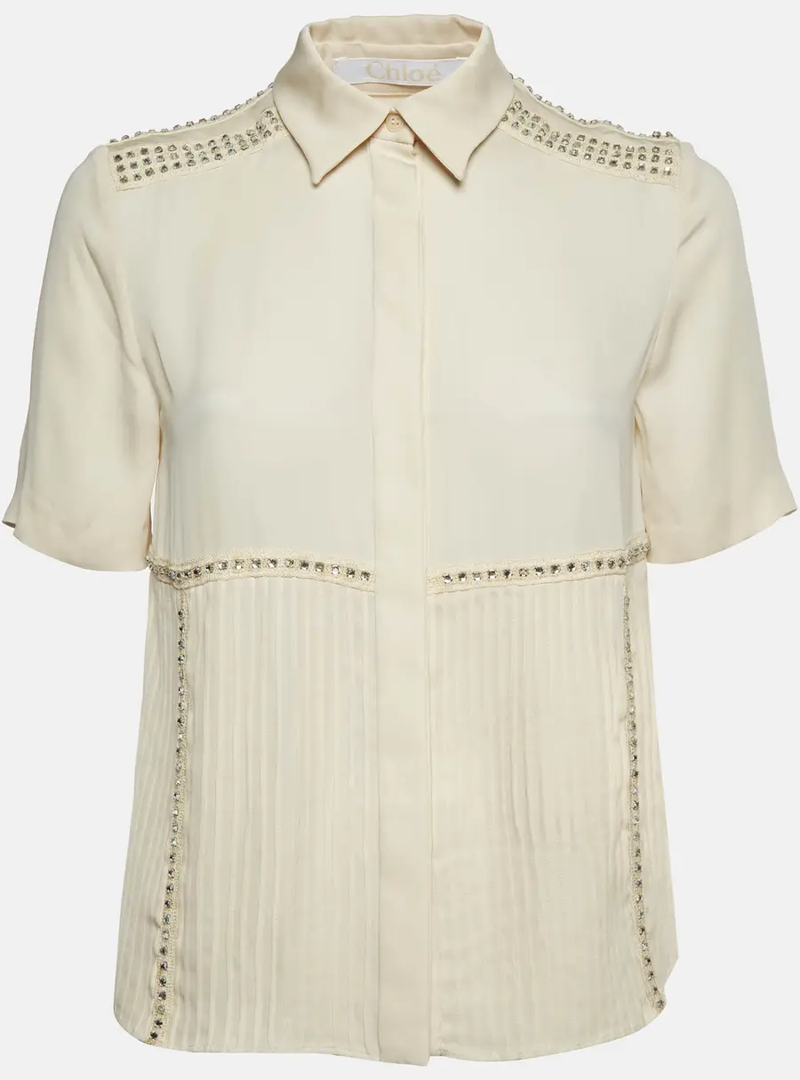 Chloe Beige Lace Pin Tuck Detail Silk Short Sleeves Shirt S