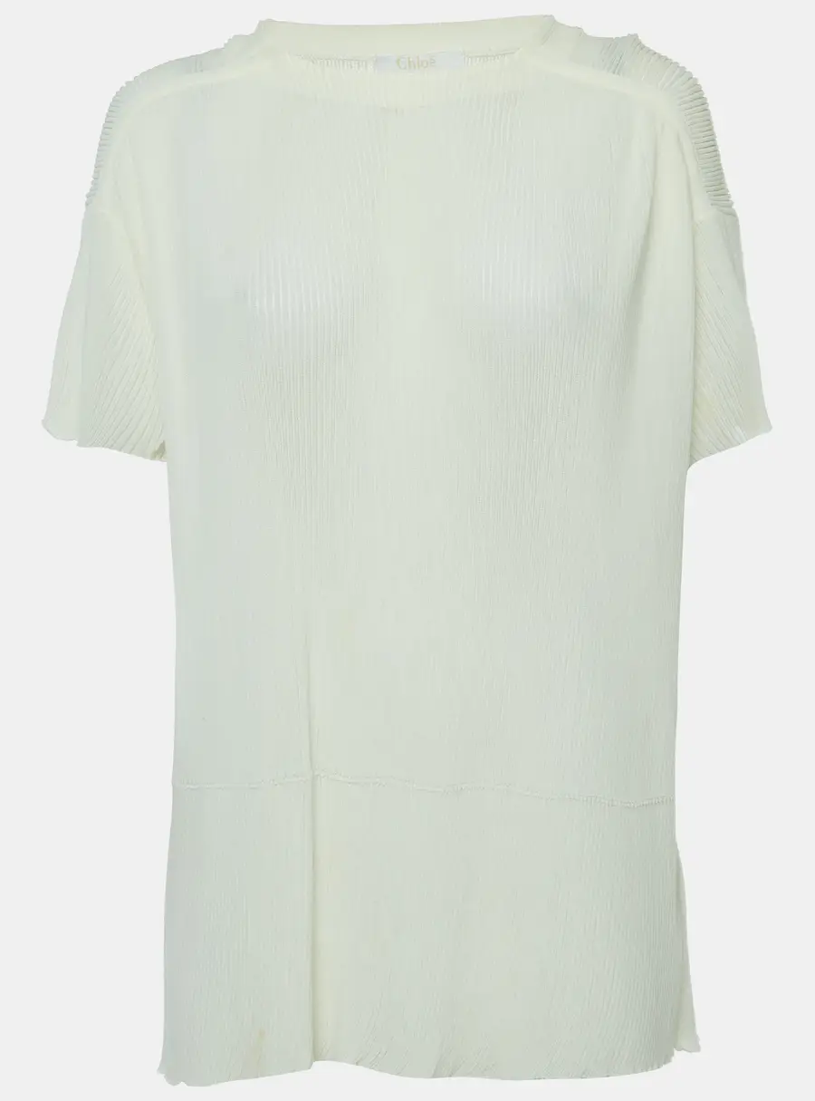 Chlo&eacute; Off White Ribbed Knit Short Sleeve Top M