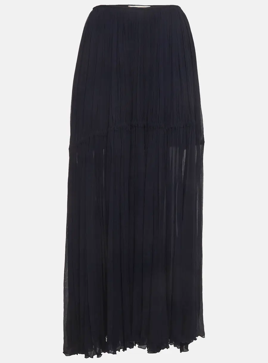 Chlo&eacute; Navy Blue Crinkle Chiffon Tiered Maxi Skirt M