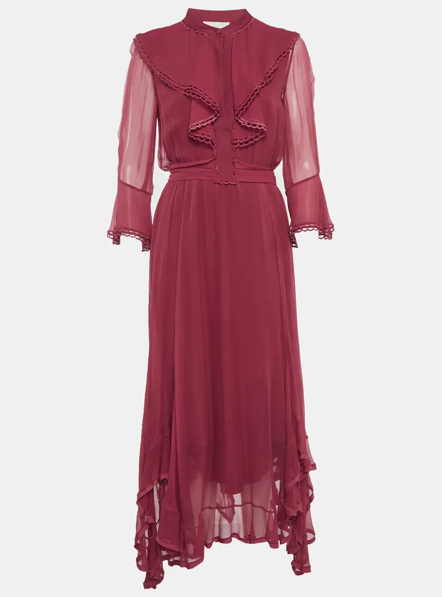 Chlo&eacute; Burgundy Chiffon Silk High Neck Asymmetrical Maxi Dress S