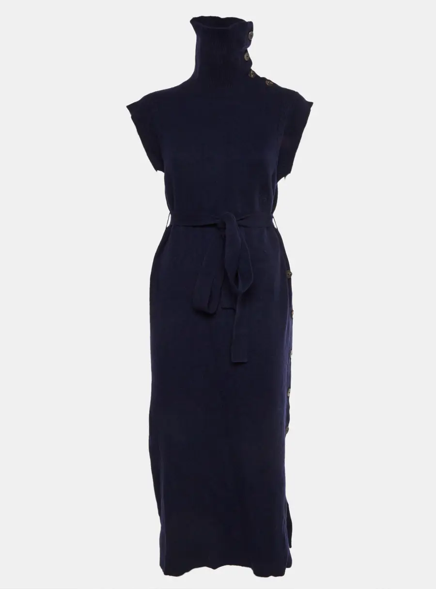 Chloe Navy Blue Wool Blend Turtleneck Midi Dress M