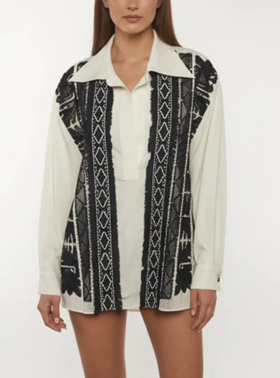 Chloe White/Navy Blue Embroidered Inset Crepe Blouse M