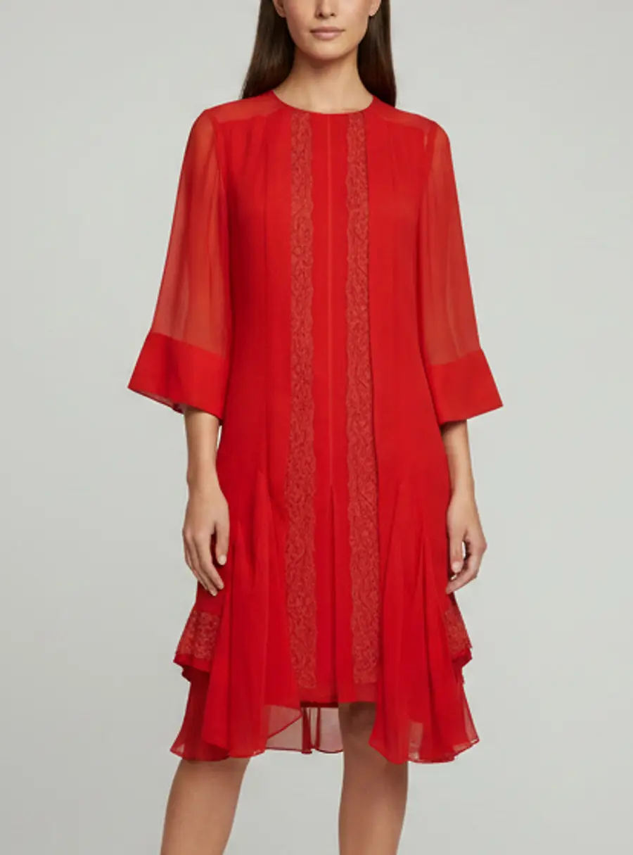 Chlo&eacute; Red Lace Trim Chiffon Panel Asymmetric Mini Dress M
