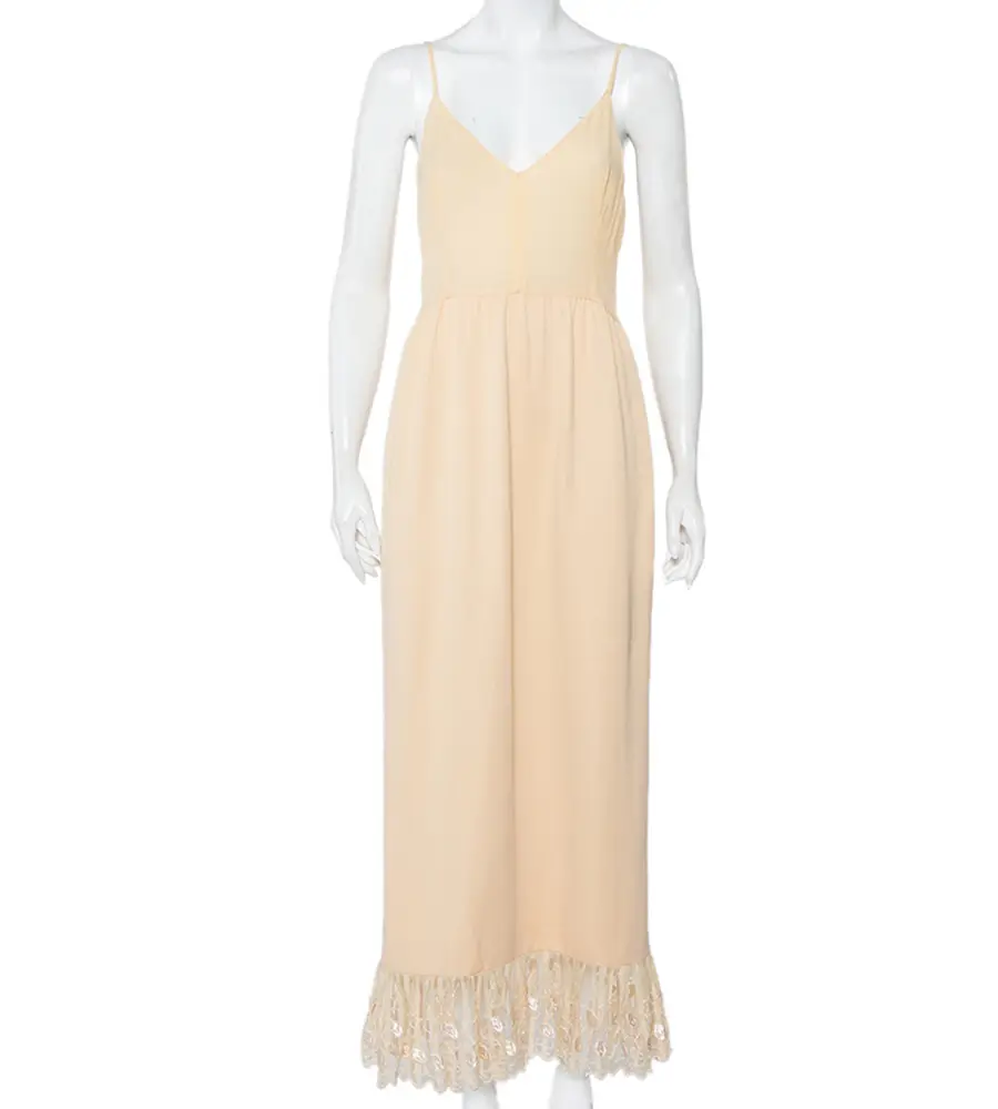 Chloe Vintage Beige Silk & Crepe Paneled Lace Trim Maxi Dress M