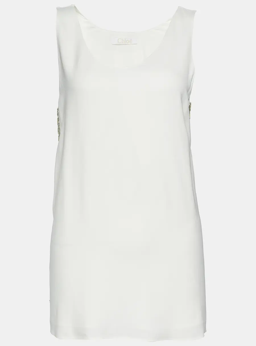 Chloe Off-White Crepe Embellished Sleeveless Blouse M