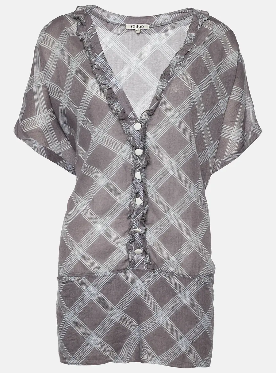 Chloe Grey Check Print Cotton Ruffle Detail Oversized Blouse L