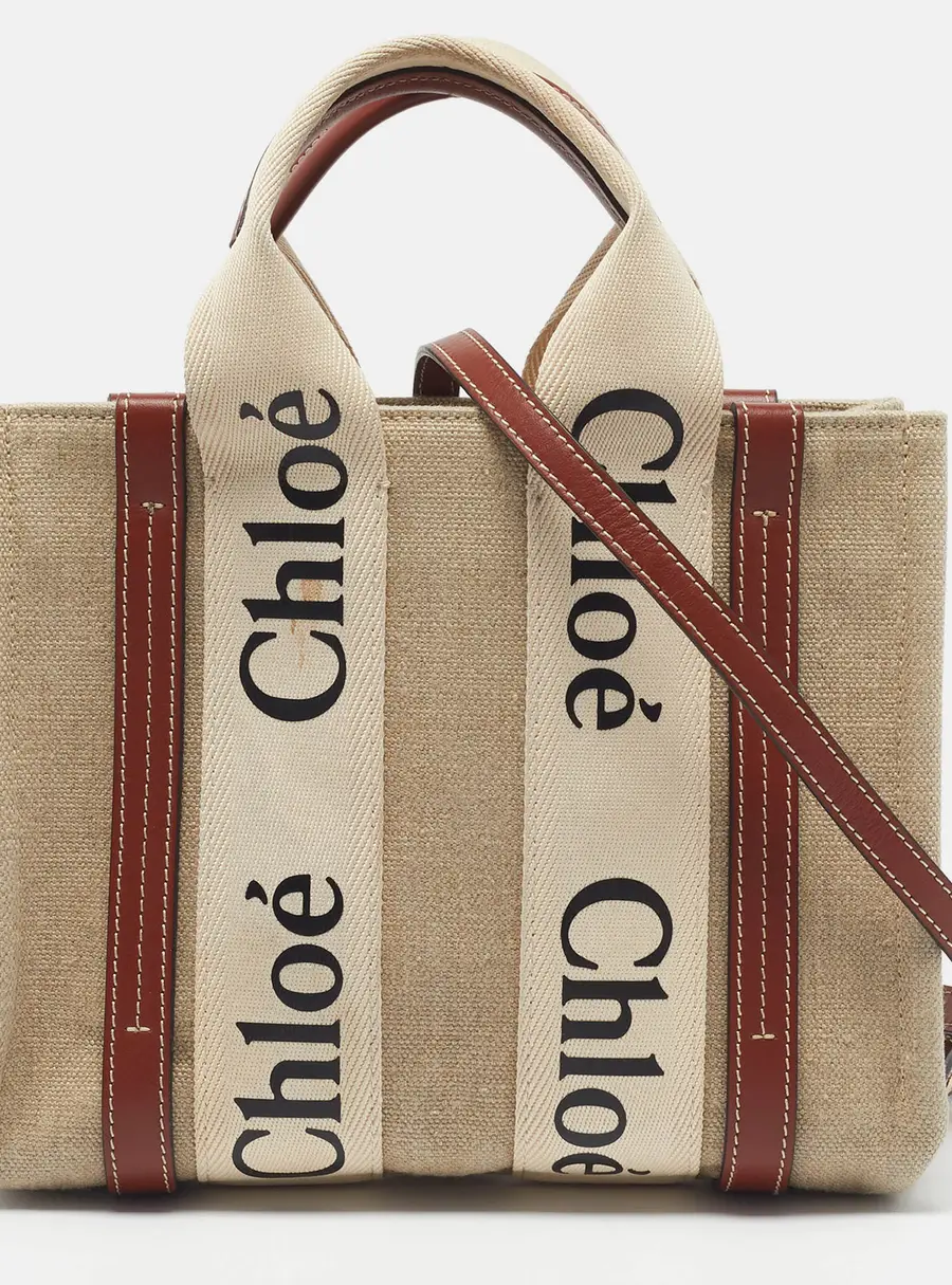 Chloé Woody Small Beige/Brown Canvas and Leather Tote