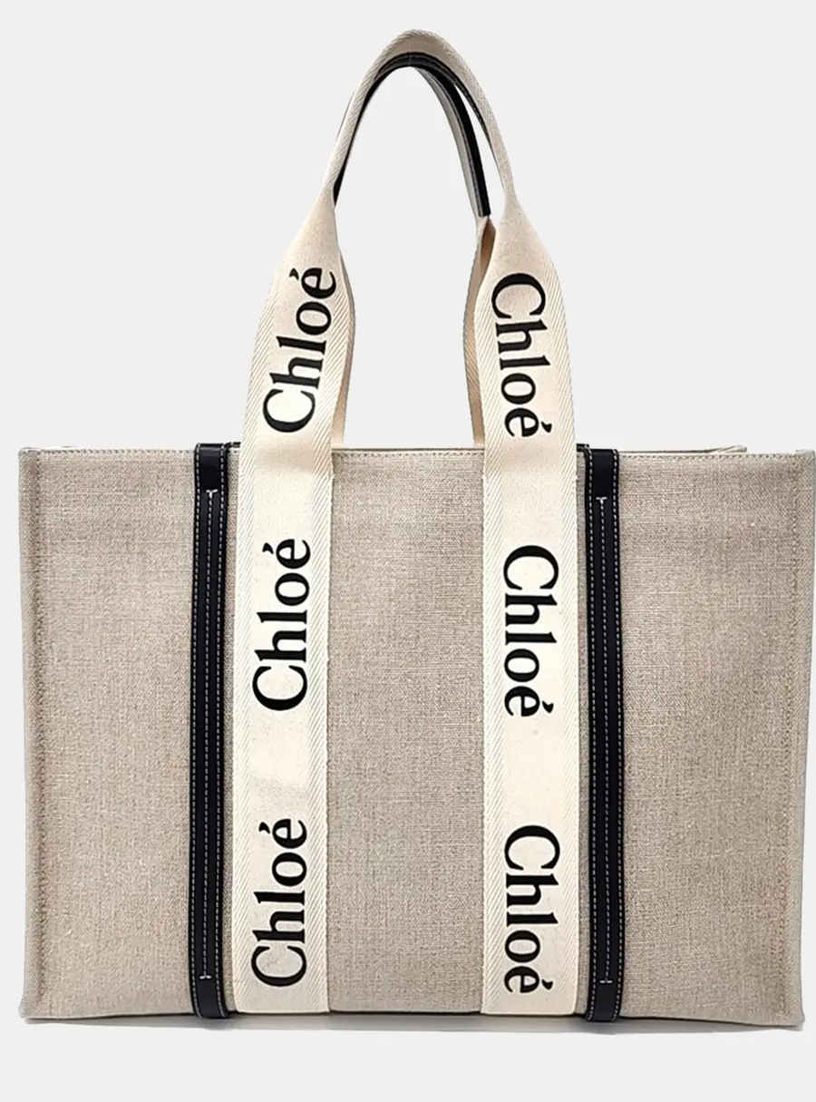 Chlo&eacute; Woody Large Beige Black Linen Canvas Calfskin Leather Tote Bag