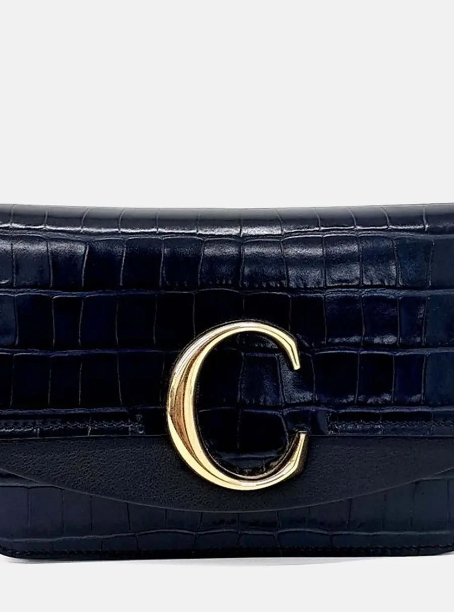 Chloé C Crocodile Embossed Leather Navy Chain Clutch Bag