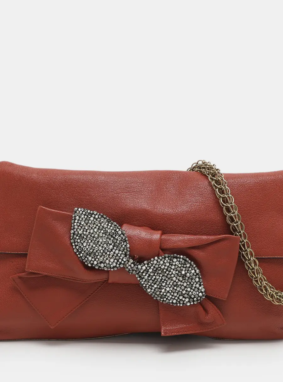 Chloe Brick Leather Crystal Bow Embellished Chain Bag