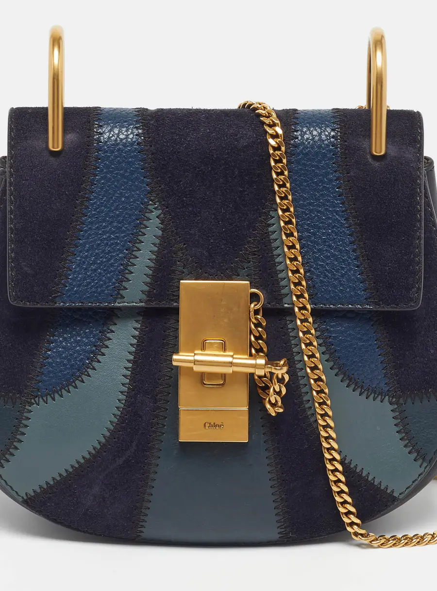 Chlo&eacute; Drew Patchwork Mini Blue Chain Shoulder Bag