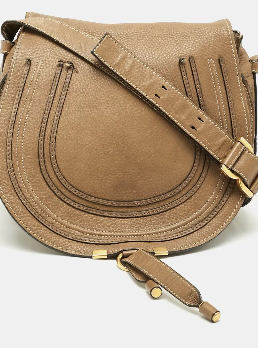 Chloe Marcie Saddle Flap Beige Leather Crossbody Bag