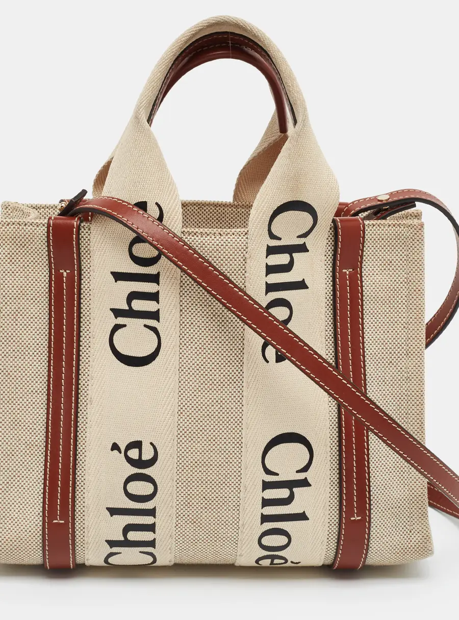 Chlo&eacute; Woody Small Beige/Brown Canvas and Leather Tote