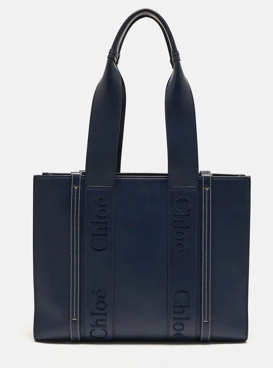 Chloé Woody Medium Night Blue Leather Tote