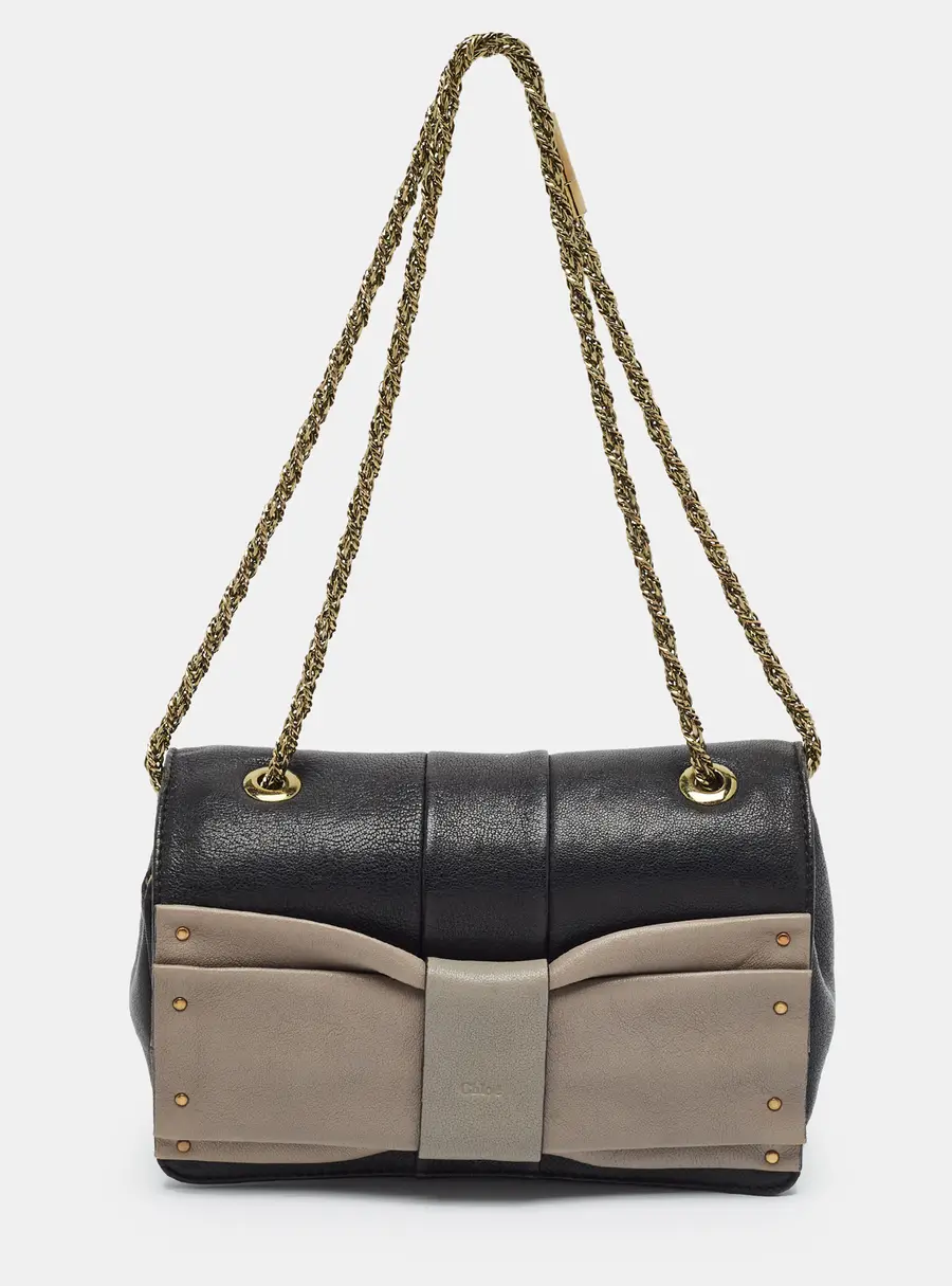 Chloe June Bow Flap Black/Grey Leather Shoulder Bag