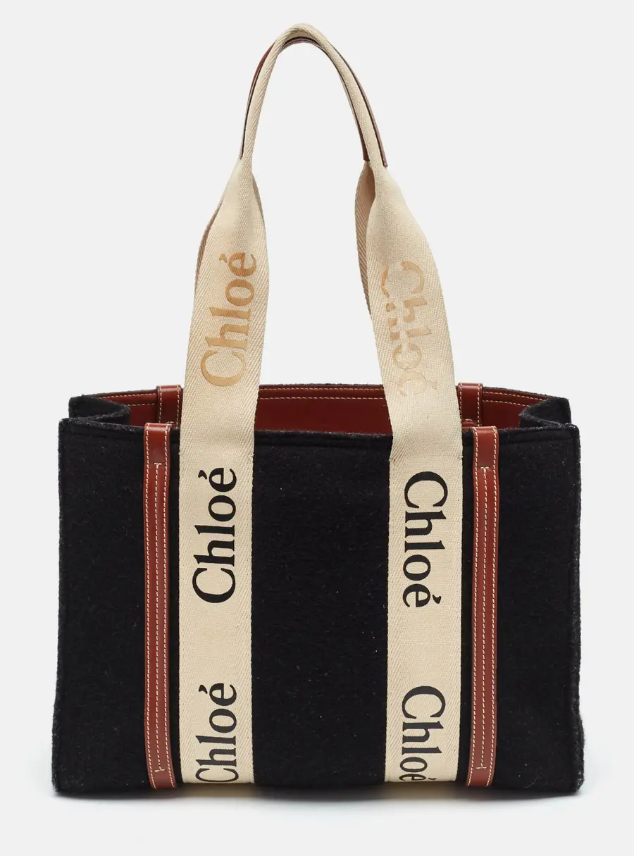 Chloe Woody Medium Black/Beige Wool and Leather Tote