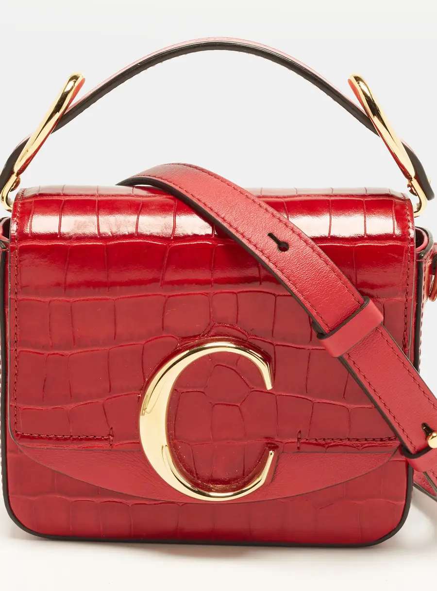 Chlo&eacute; C Mini Red Croc Embossed Leather Top Handle Bag