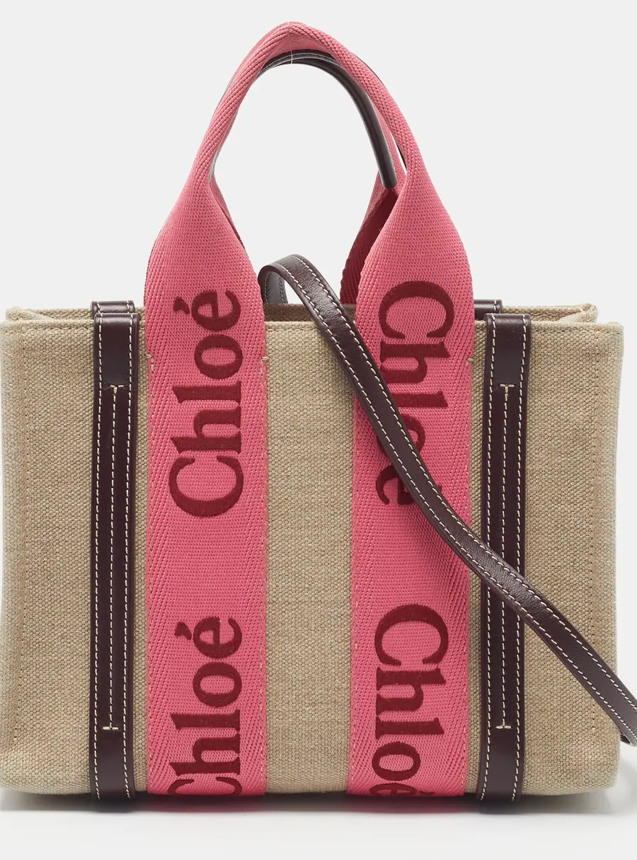 Chloé Woody Small Pink/Brown Canvas and Leather Tote