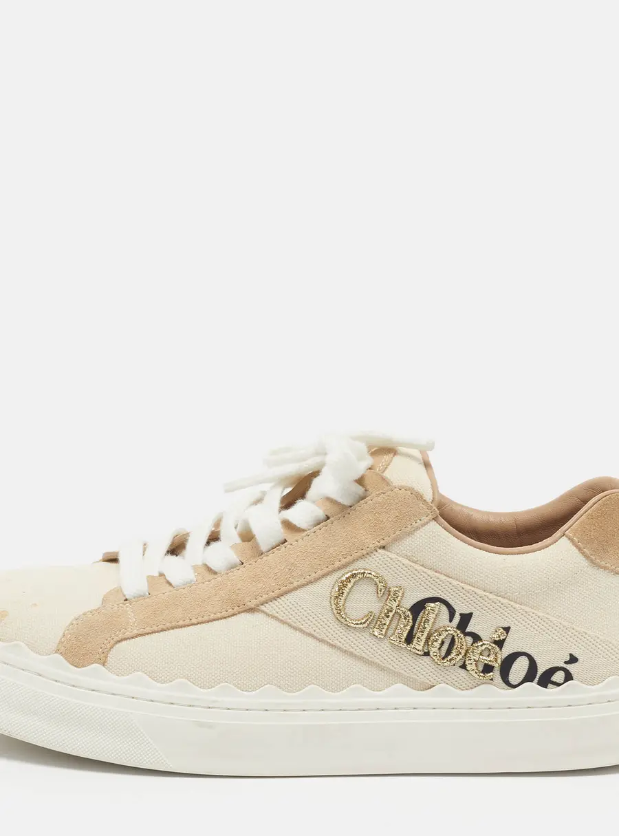 Chloe Lauren Size 40 Beige Canvas and Suede Logo Embroidered Lace Up Sneakers