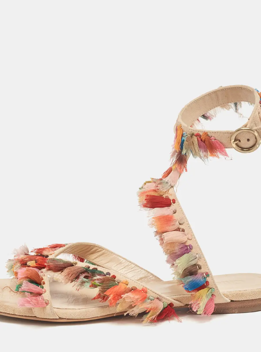 Chloe Multicolor Suede and Silk Tassel Liz Flat Sandals Size 36