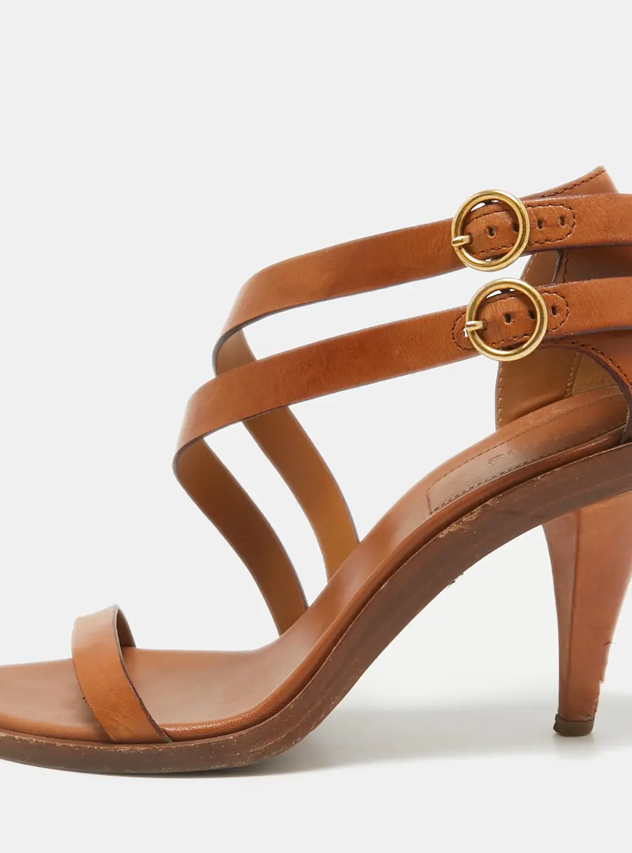 Chloe Brown Leather Double Ankle Strap Niko Sandals Size 38