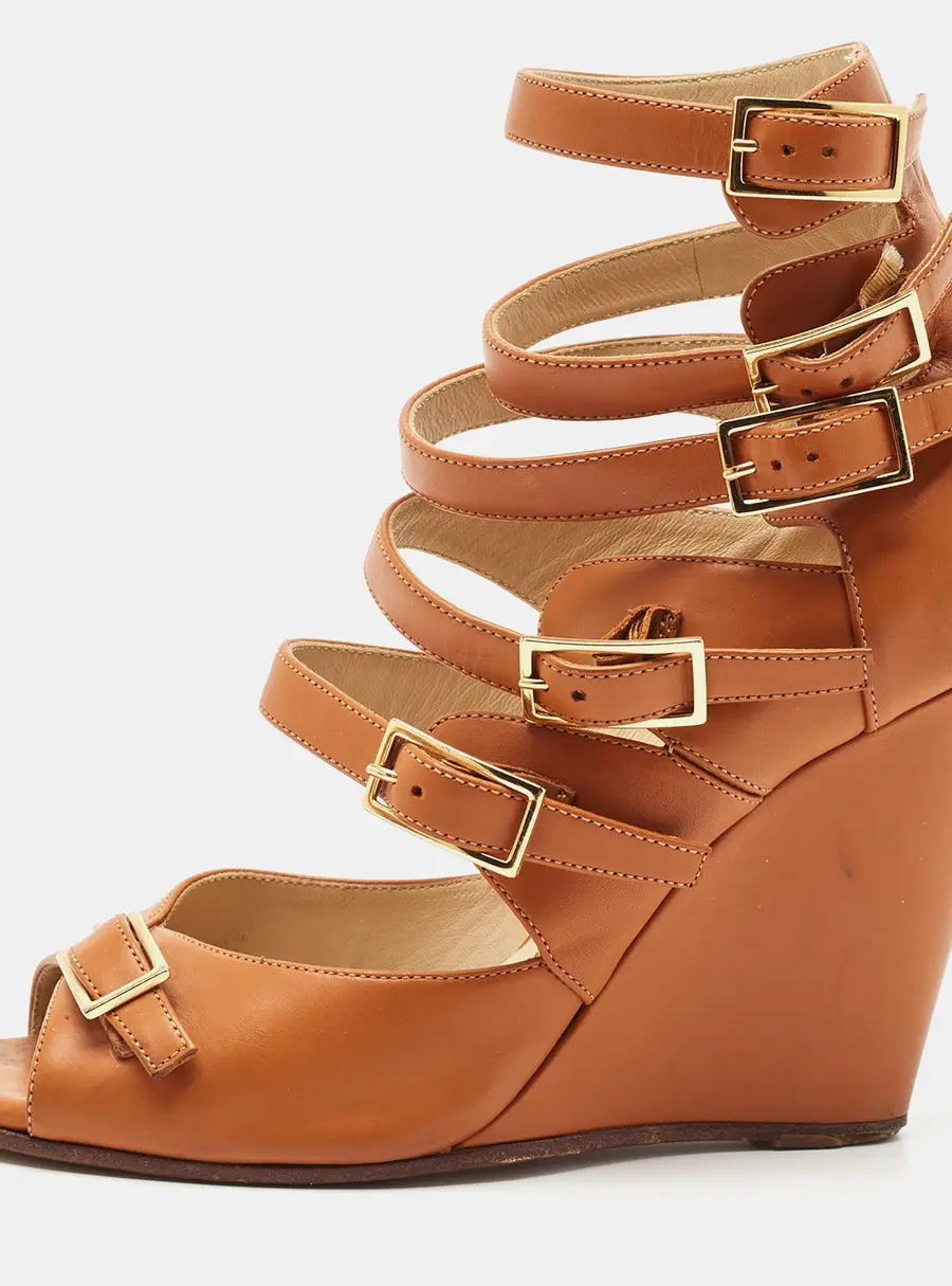 Chloe Brown Leather Strappy Buckle Wedge Sandals Size 36.5