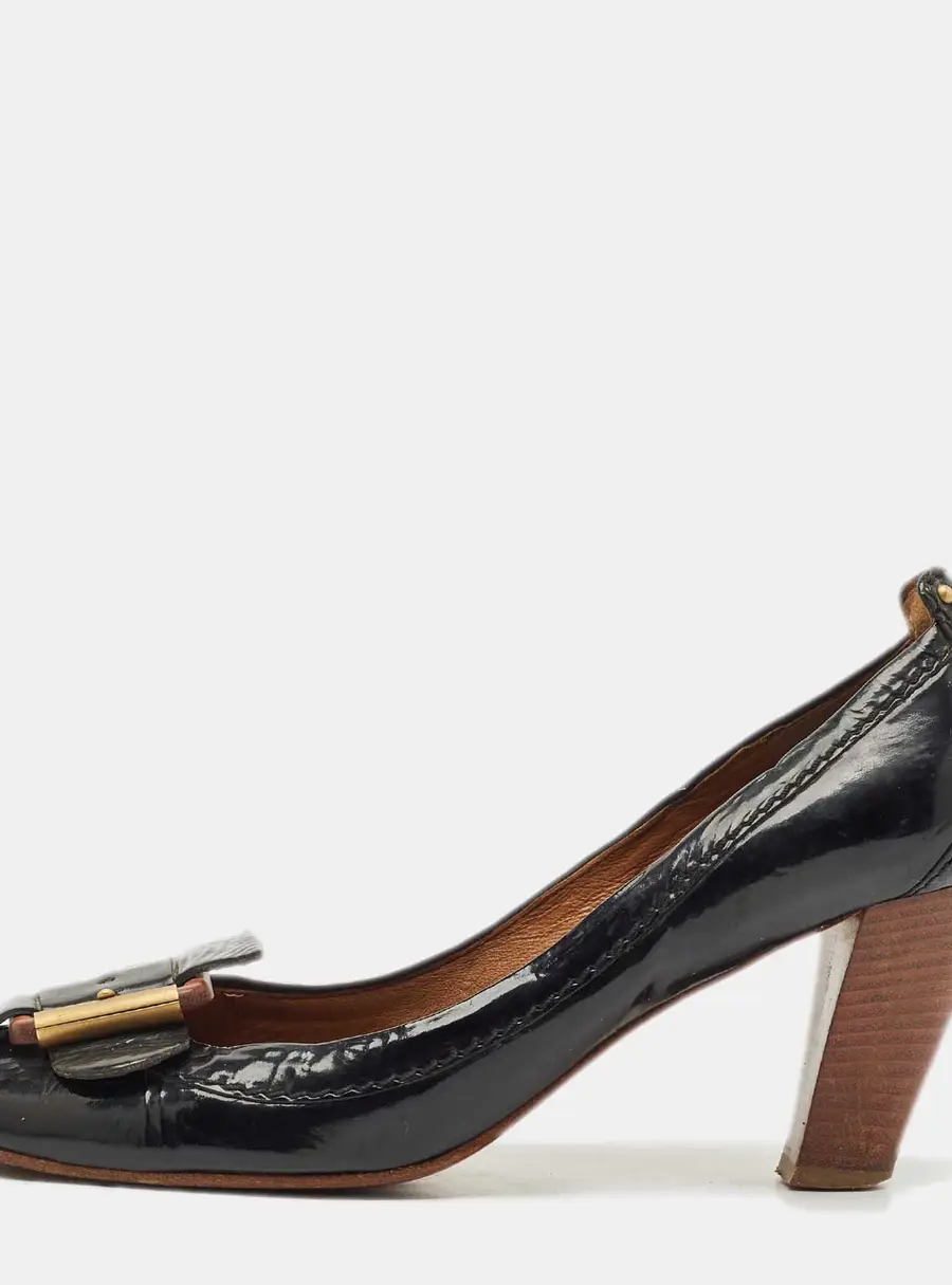 Chloe Black Patent Leather Buckle Detail Block Heel Pumps Size 41