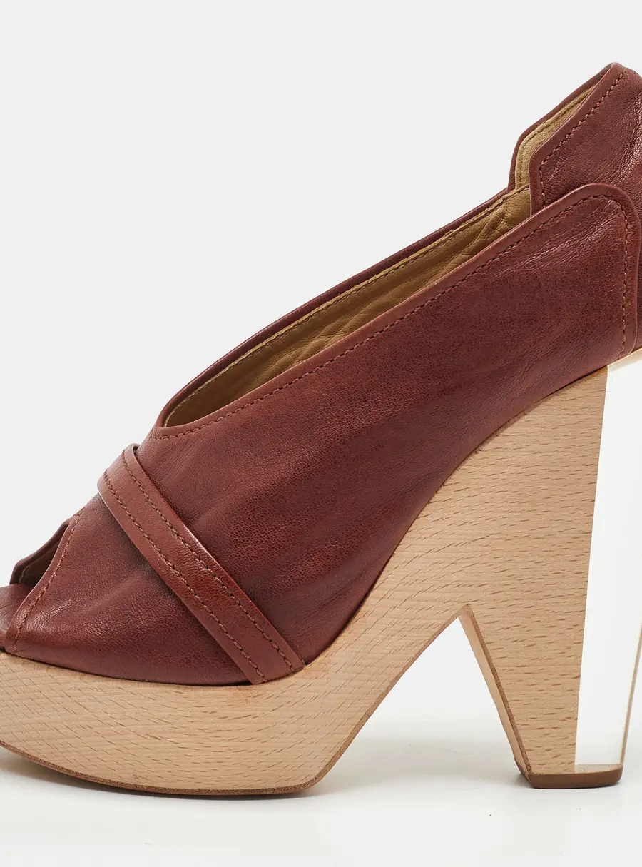 Chloe Brown Leather Lucite and Wood Chunky Heel Platform Pumps 37.5