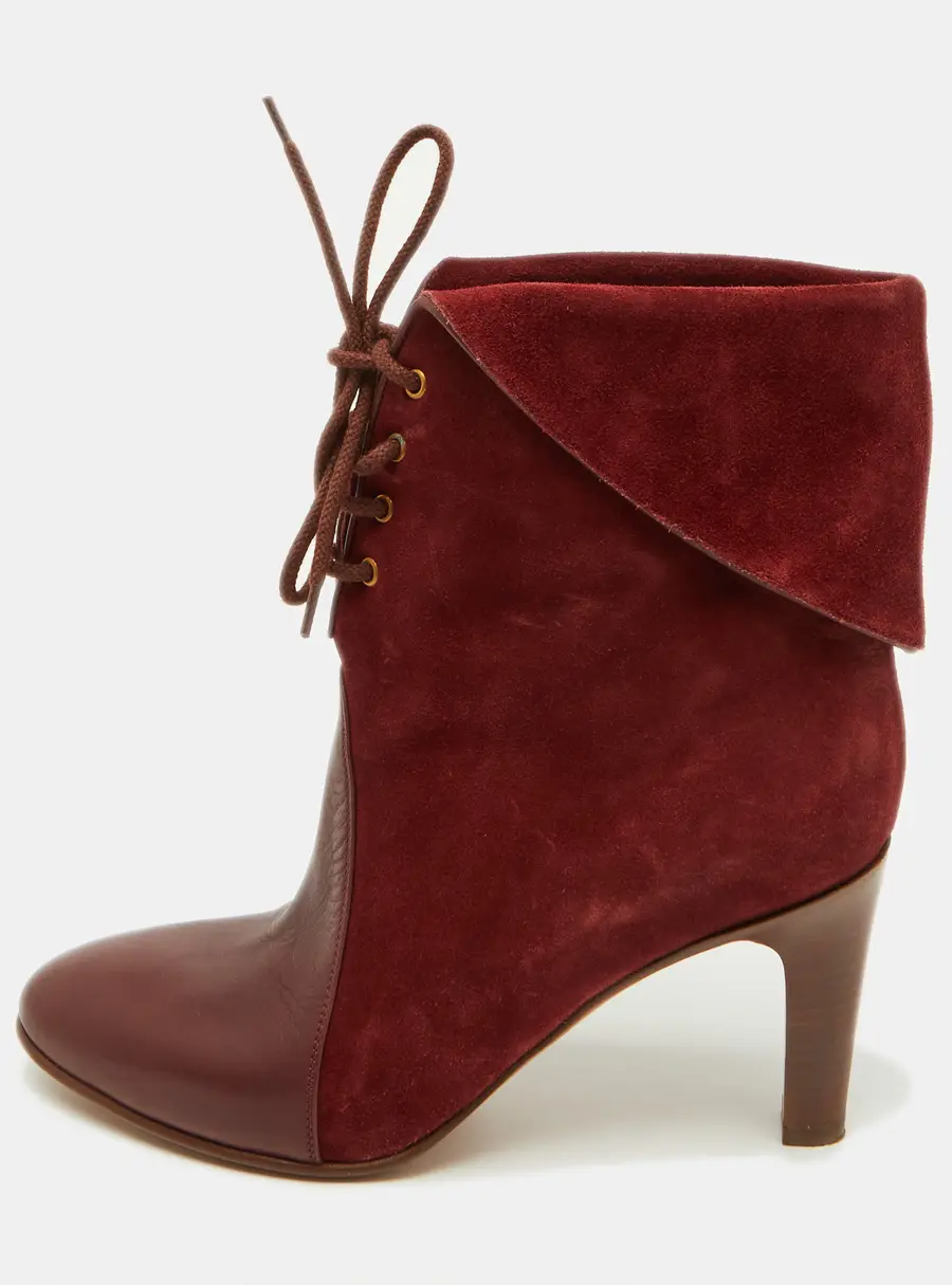 Chloe Burgundy Suede and Leather Kole Lace Up Booties Size 38