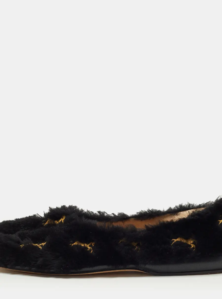 Chloe Black Fur Horse Embroidered Ballet Flats Size 37
