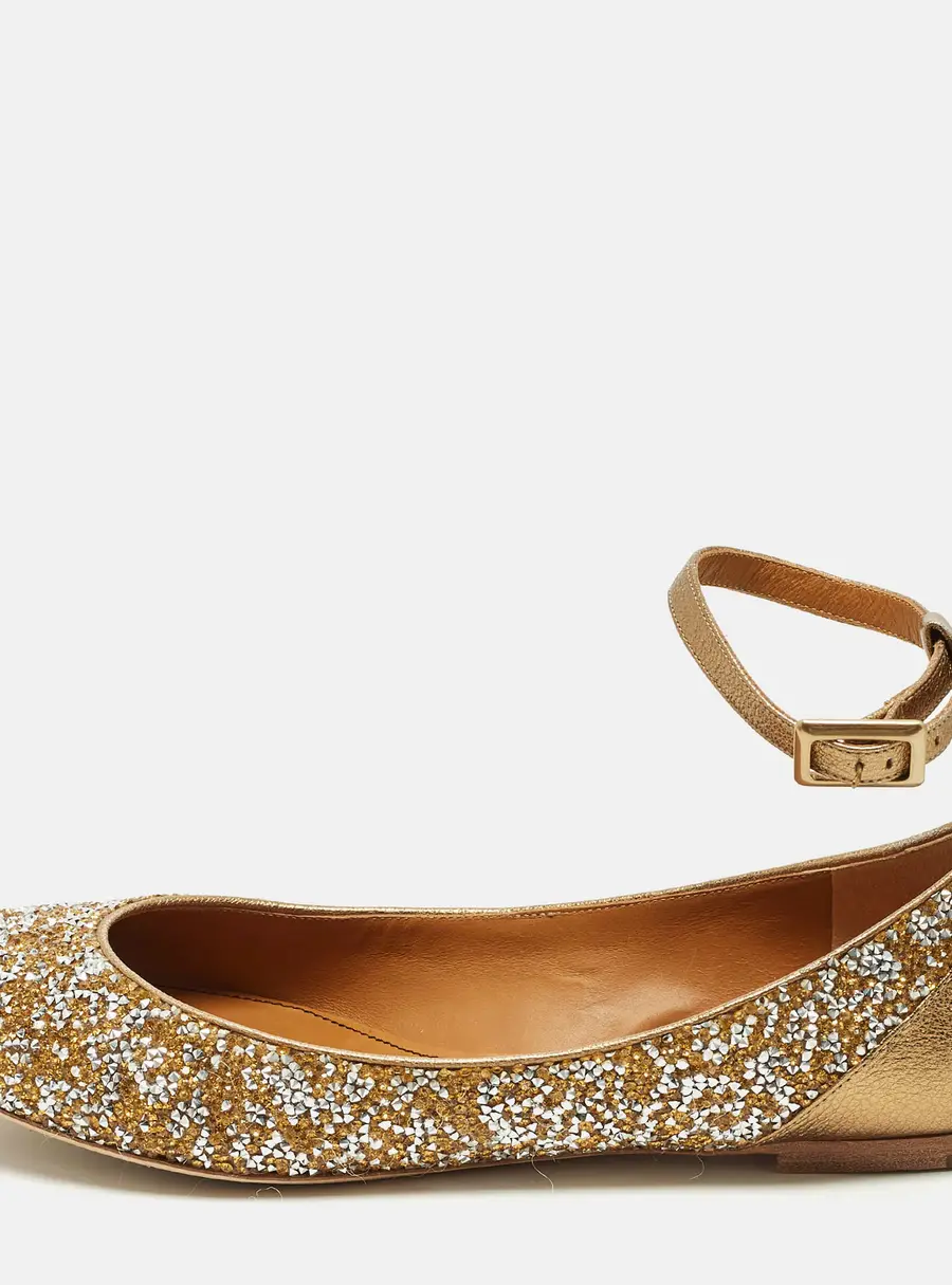 Chloe Size 40 Gold/Silver Glitter and Leather Ankle Strap Ballet Flats