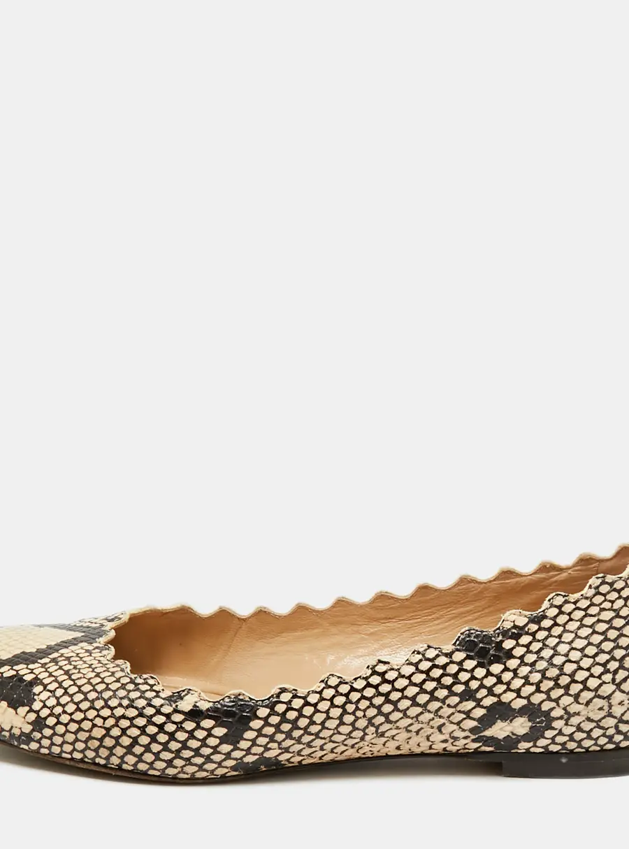 Chloé Lauren Scalloped Size 35.5 Beige/Biege Python Embossed Leather Ballet Flats