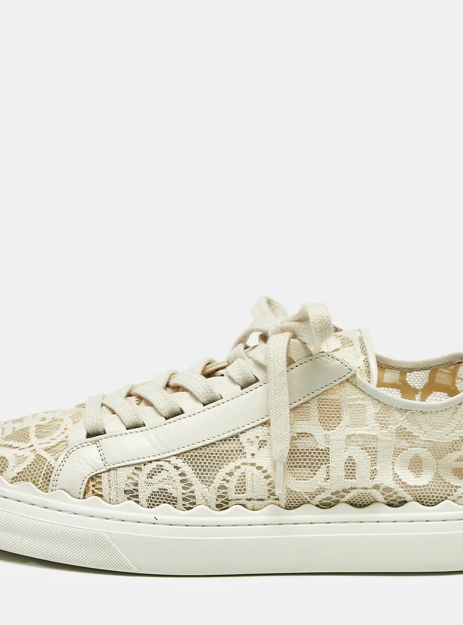 Chloe Lauren Size 40 Cream Lace and Leather Lace Up Sneakers