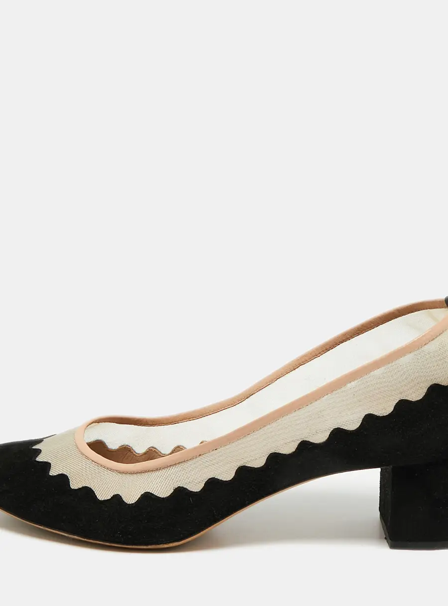 Chloe scalloped Size 39 Black/Beige Mesh and Suede Block Heel Pumps