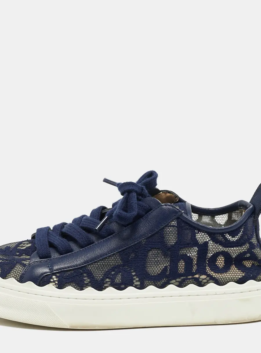 Chloe Lauren Size 38 Navy Blue Lace and Leather Low Top Sneakers