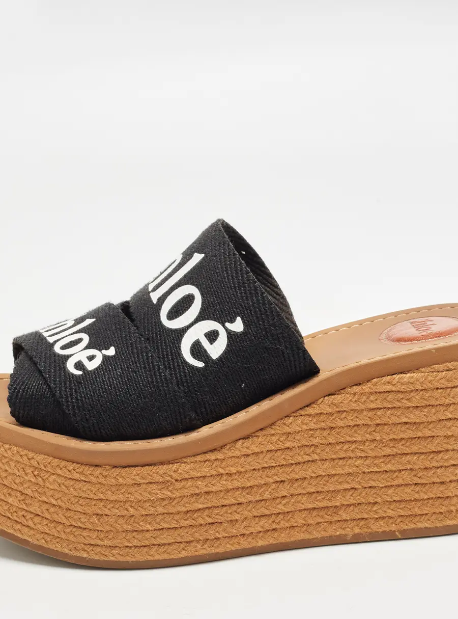 Chloe Woody Size 36 Black Canvas Wedge Espadrille Sandals