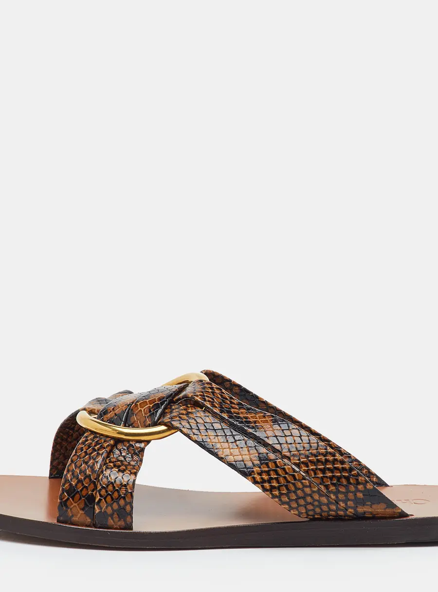 Chloe Lauren Size 39 Brown Criss-Cross Python Embossed Leather Flat Sandals