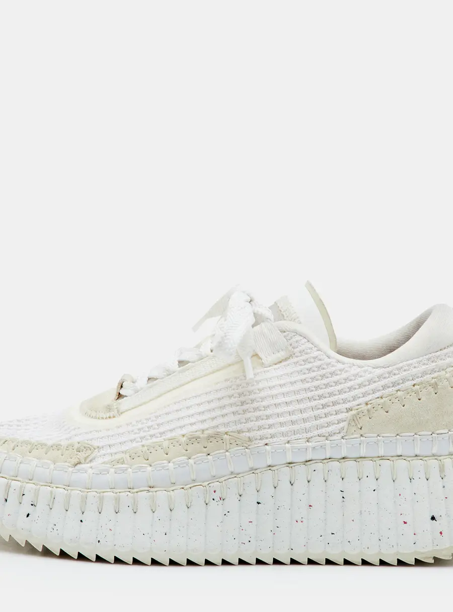 Chloe Nama Size 37 Off White/Cream Knit Fabric and Suede Low Top Sneakers