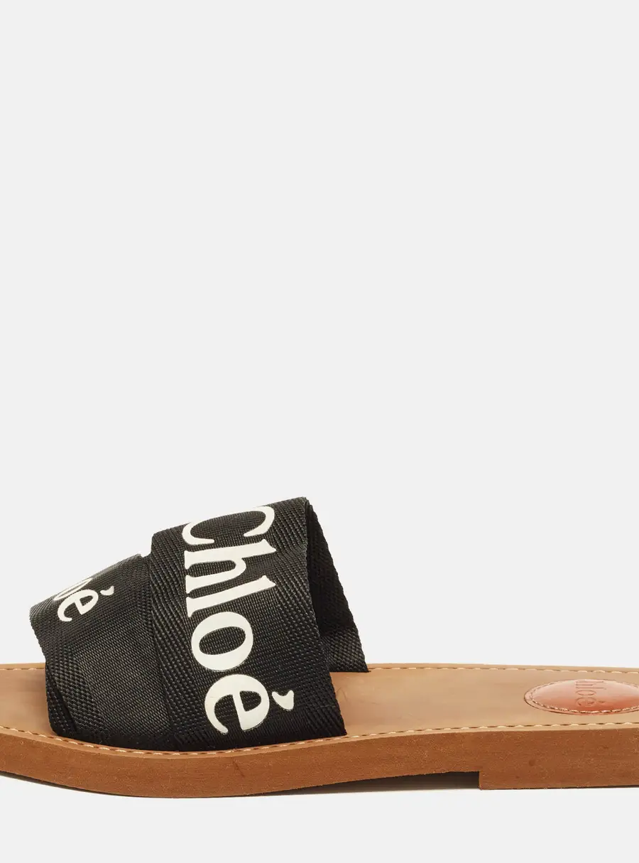 Chloe Woody Size 39 Black Canvas Logo Print Flat Slide