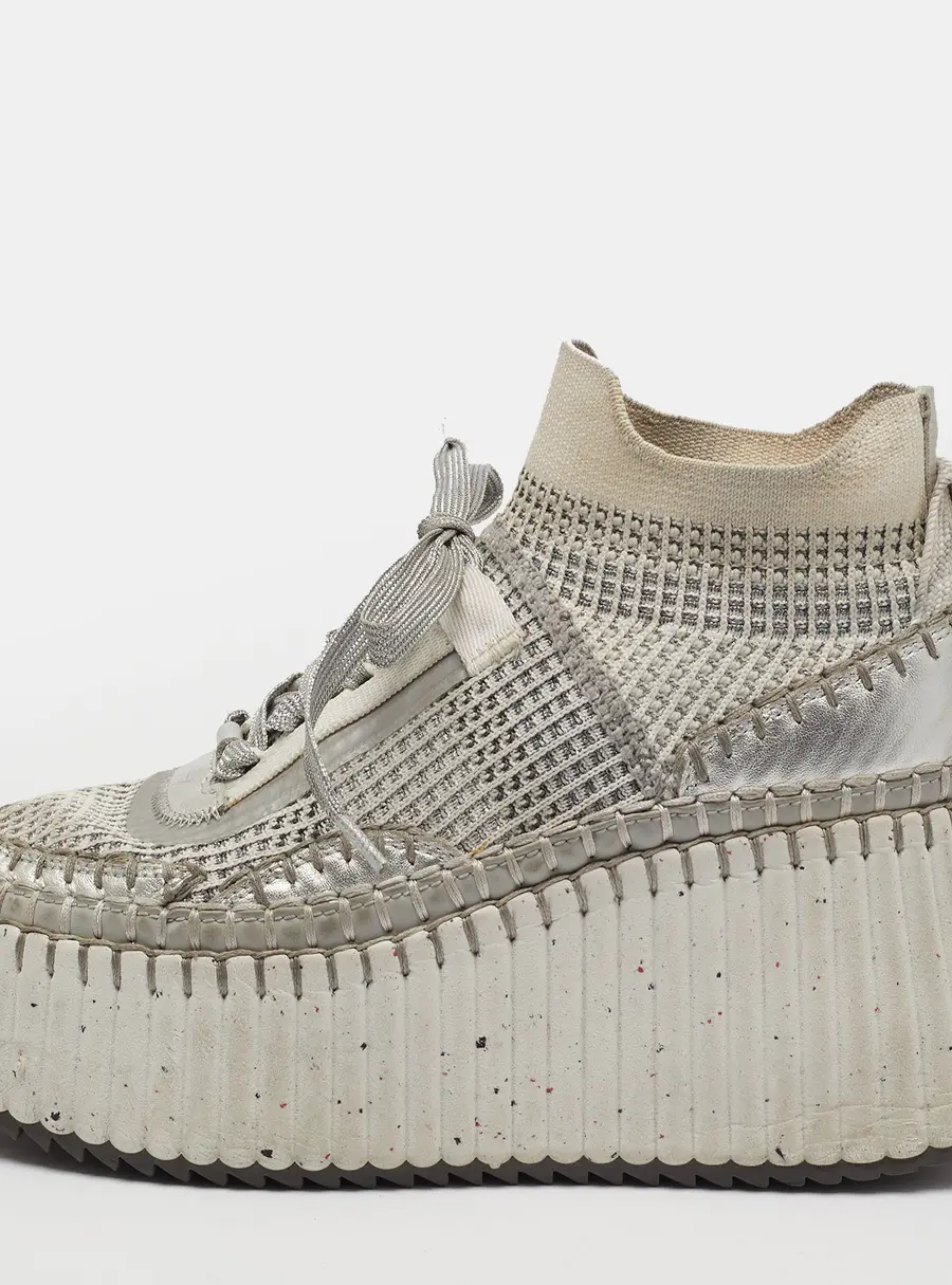 Chloe Nama Size 37 Grey Knit Fabric and Suede Wedge Sneakers