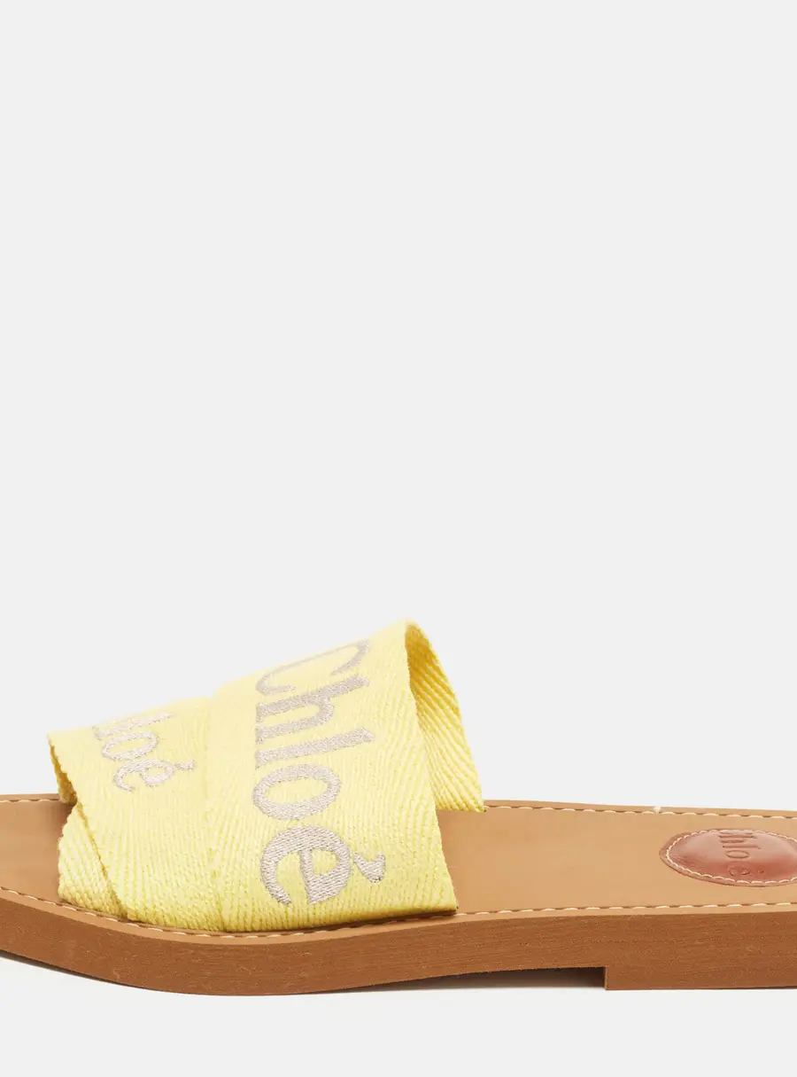 Chloe Woody Size 37 Yellow Canvas Logo Print Flat Slide