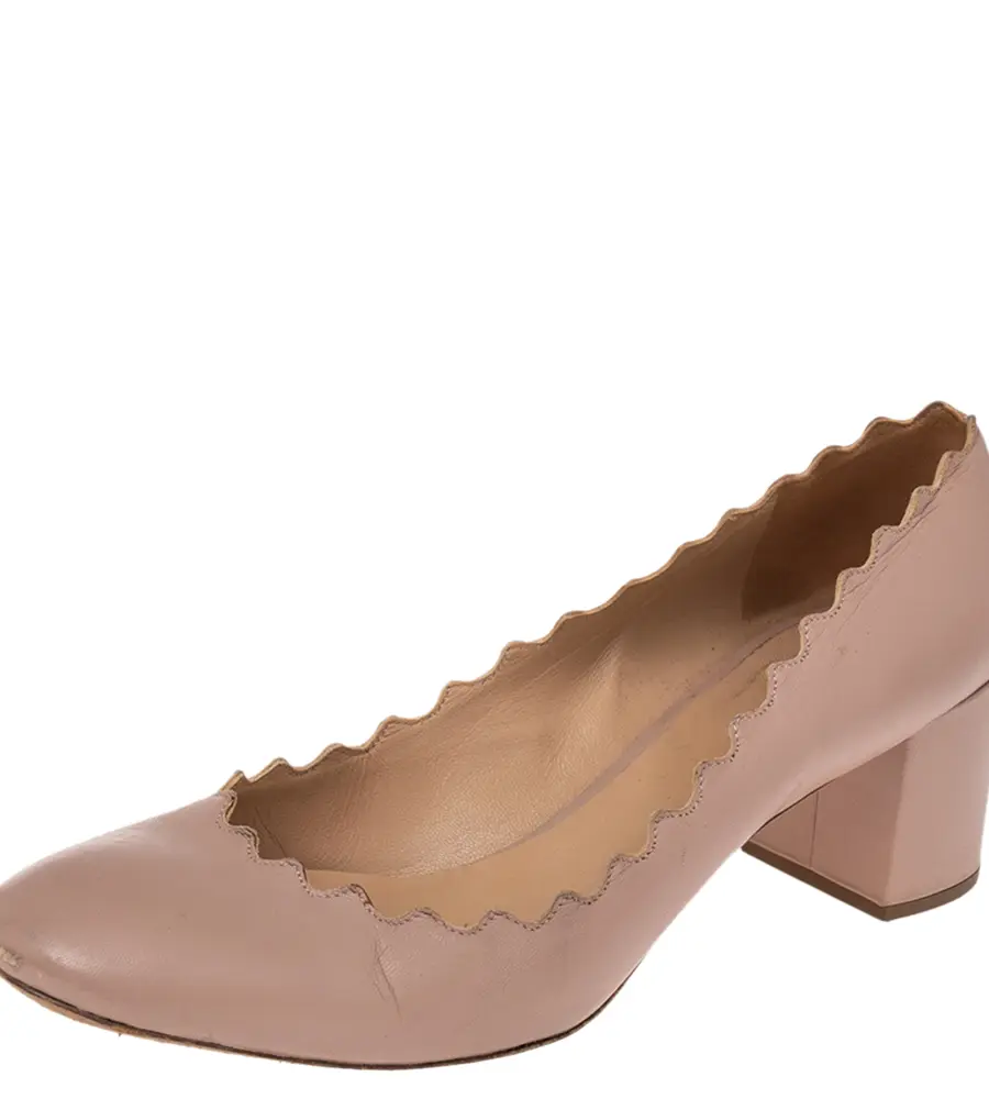 Chloe Beige Leather Lauren Scallop Trim Block Heel Pumps Size 40.5