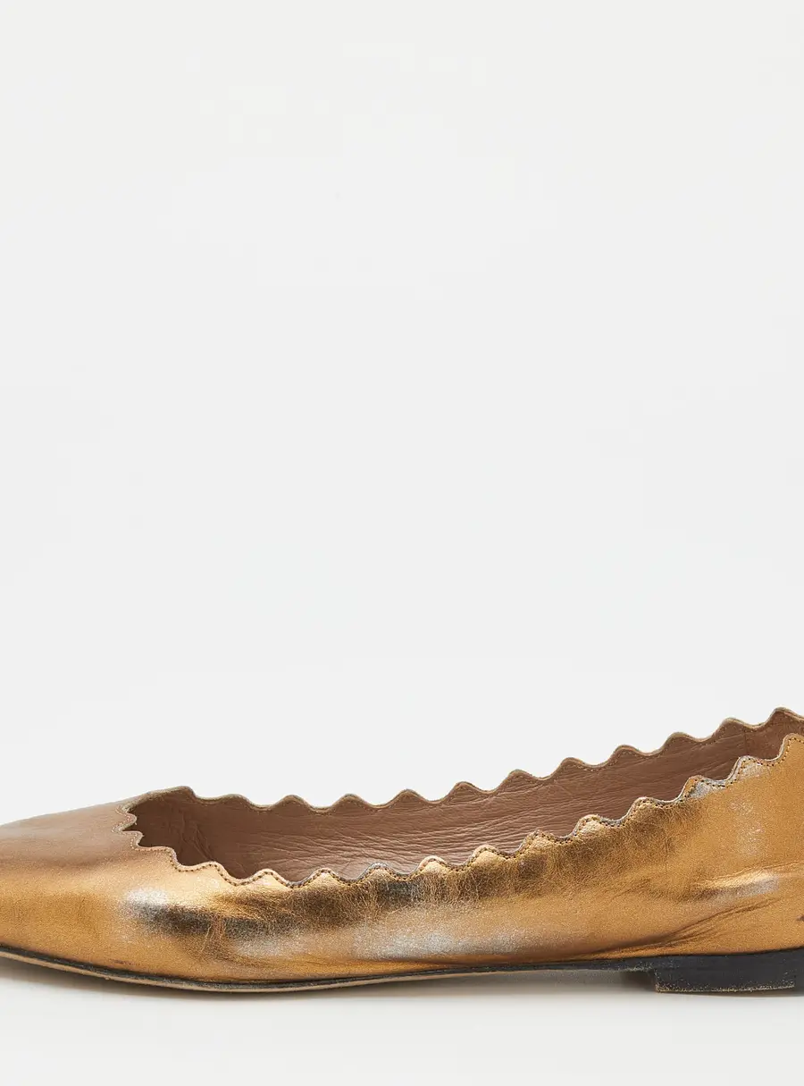 Chloe Gold Leather Lauren Scalloped Ballet Flats Size 36.5